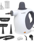 Quick Heat Handheld Steam Cleaner Includes Nine Piece Accessory Kit with multiple attachments for versatile cleaning tasks.