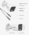 Close-up of 4 Pack 1080P HD TVI Wired Security Camera Kit with Outdoor Bullet Cams showing lens, ports, and housing dimensions.