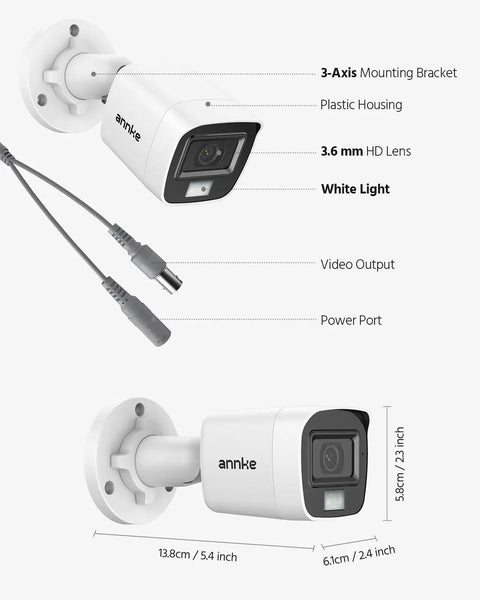 Close-up of 4 Pack 1080P HD TVI Wired Security Camera Kit with Outdoor Bullet Cams showing lens, ports, and housing dimensions.