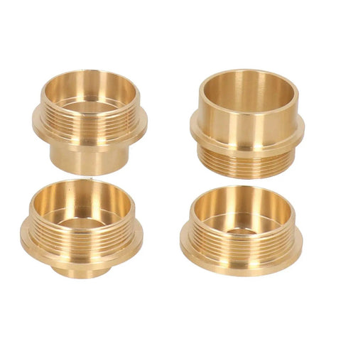Pro Grade Brass Router Template Guide Kit With Solid Lock Nut Adapter And Universal Fit For Fast Precision Woodworking Sharp Lines No Sweat 11 Pc Collection Rolls In Carry Case, four brass bushings displayed.