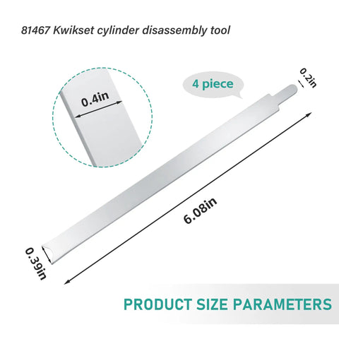 Cylinder Removal Tool Kit For Kwikset Locks, 4 Piece Set, Model 81467 showing tool dimensions in inches.