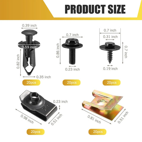 Product size details of 100 Piece Car Screws And Bolts Kit Heavy Duty Undertray Screws Auto Body Fender Screws Splash Guard Clips And Universal U Nuts Kit Universal For Most Cars Trucks SUVs Black