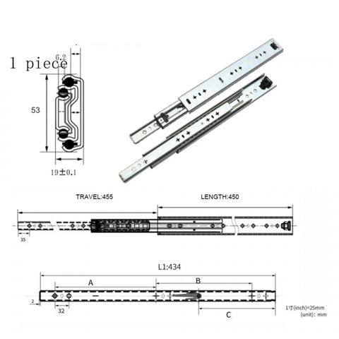Beefy 53mm Steel Drawer Slide Track For Kitchen Cabinets With Ball Bearing Glide And Soft Close, product schematic and dimensions