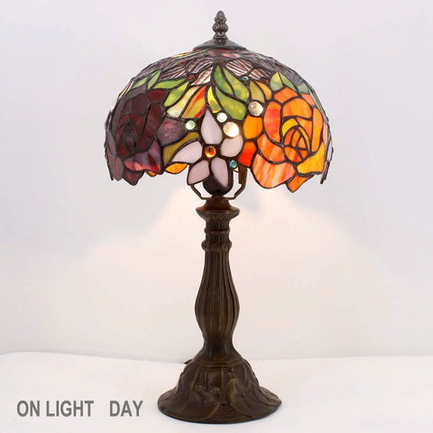 Tiffany Style Stained Glass Table Lamp With Red Rose Shade on, antique green bronze finish, 18-inch tall for cozy vintage decor