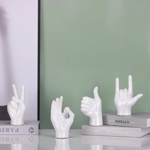 Set of 4 white hand sculptures on books, I Love You Gesture Statue White Hand Sculpture For Home Decor And Office Modern Art Centerpiece.