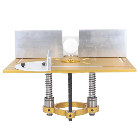 Heavy Duty Aluminum Trimming Flip Plate With Smooth Milling Guide Table Insert For Rock Solid Woodworking Router Lift mounted on a workbench.