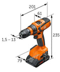 Professional Heavy Duty Compact Four Speed Cordless Drill With Brushless Motor All Metal Transmission QuickIN Adapter and Rugged Case side view with dimensions