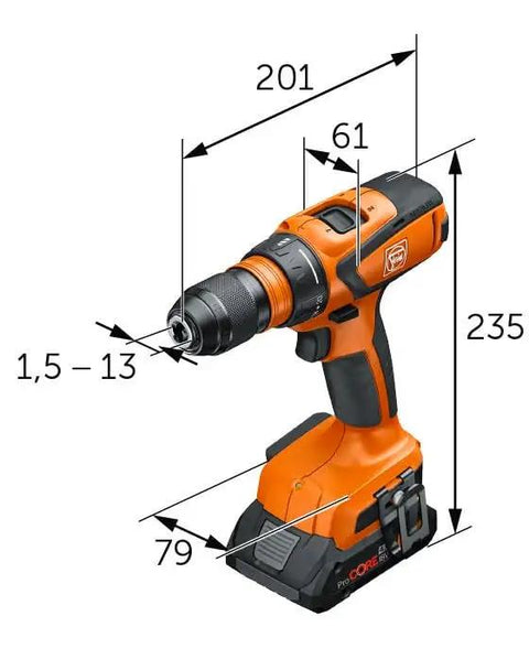 Professional Heavy Duty Compact Four Speed Cordless Drill With Brushless Motor All Metal Transmission QuickIN Adapter and Rugged Case side view with dimensions
