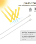 4 Inch White Nylon Zip Ties 100 Pack Self Locking Cable Ties For Indoor And Outdoor Use Heavy Duty Small Tie Straps Durable Weather Resistant Cable Management shown with UV resistance and working temperature range.