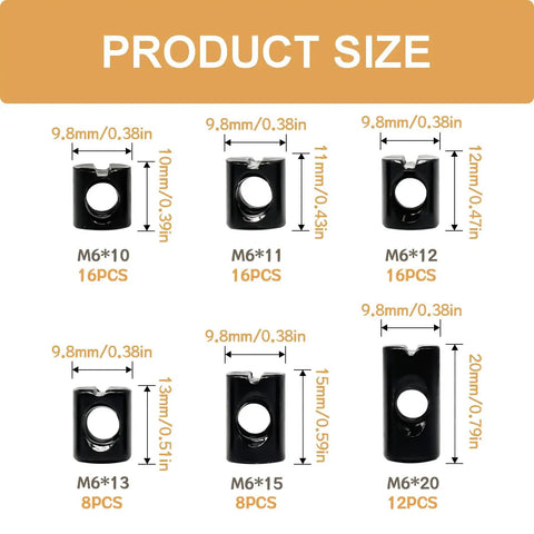 76 Piece M6 Barrel Nut Set Black Carbon Steel Heavy Duty With Galvanized Finish Includes M6 sizes 10-20mm shown