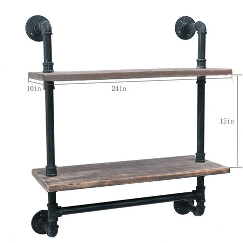 Industrial Pipe Shelf With Towel Bar Rustic Wall Mount 2 Tier Wood Shelves For Bathroom Or Outdoor 24 Inch Long Iron Pipe Storage Rack Vintage Charm Heavy Duty Easy Mounting