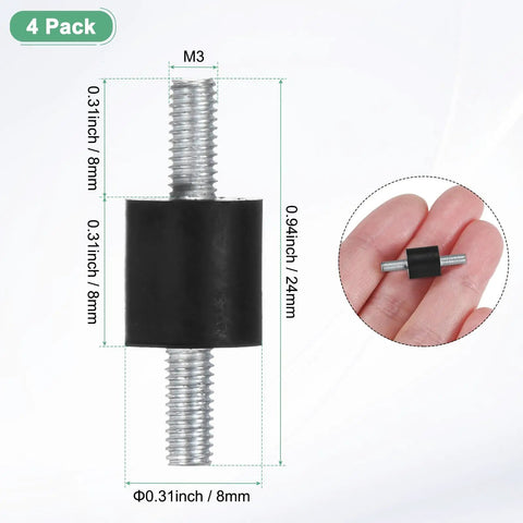 4 Pack Rubber Mounts D8mm x H8mm Vibration Isolators With M3 x 8mm Studs Cylindrical Shock Absorbers For Air Compressors Cars Pumps Boats Garage Motors Tough Durable Dampening To Cut Noise And Vibration, black rubber mount with M3 stud