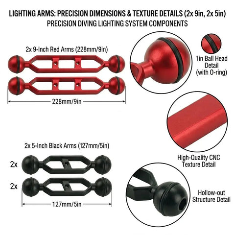 5-In-1 Underwater Camera Mount Kit With 1 Inch Ball Head Aluminum Diving Arm System showing red and black arms details.