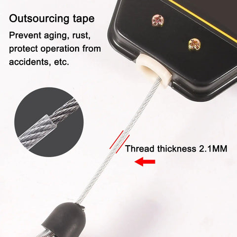Close-up of Adjustable Retractable Spring Balancer's 2.1mm thick cable, part of heavy duty tool hanging system for workshops and assembly lines.