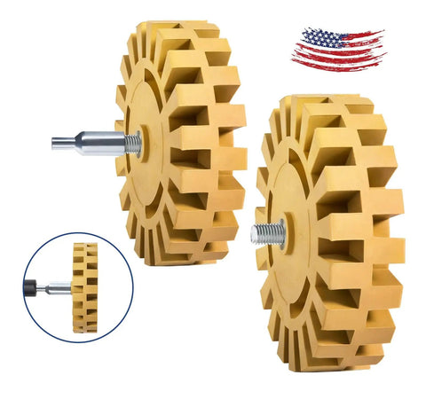 Decal Remover Eraser Wheel For Drill, rubber wheel tool for cars, trucks, RVs, boats, and motorcycles, showing product detail and attachment.