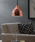 Dimple Bulb Shaped Rose Gold Side End Table Lamp With Bell Shade Dope Contemporary Hammered Base hanging in living room