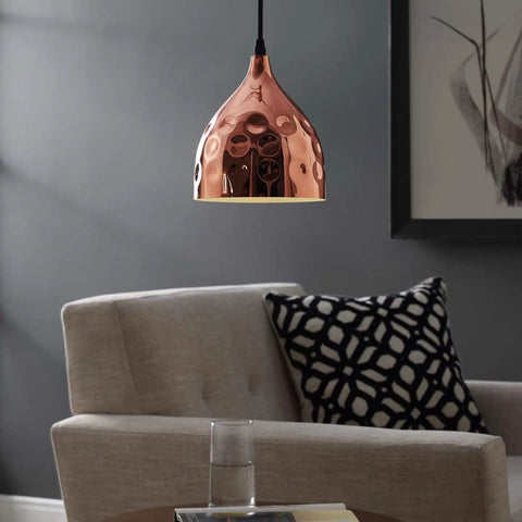 Dimple Bulb Shaped Rose Gold Side End Table Lamp With Bell Shade Dope Contemporary Hammered Base hanging in living room