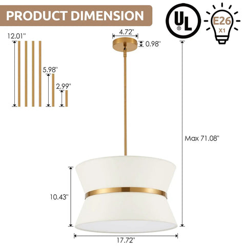 Slick Modern Pendant Chandelier With Off White Fabric Shade And Brass Finish Adjustable Hanging Light dimensions UL Listed