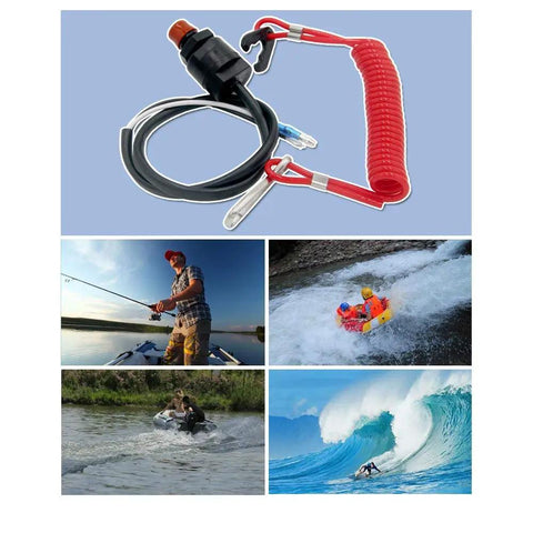 Universal Boat Outboard Kill Switch Lanyard With Two Safety Tethers for Yamaha Tohatsu Honda Outboards, shown with scenic boating and water activities.