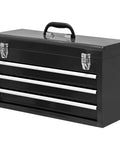 20 Inch Three Drawer Metal Tool Box Portable Steel Tool Chest With Durable Metal Latch Closure Black Powder Coat Finish.