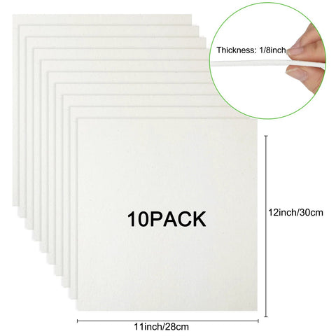 Front view of 10-pack white ceramic fiber kiln paper sheets, 11x12in, 1/8in thick