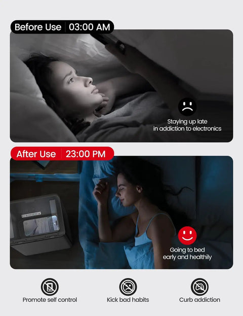 Large Heavy Duty Metal Phone Jail Lockbox With Digital Timer And Usb C Port For Secure Storage Of Smartphones Tablets Game Controllers Medication Snacks Keys And Smaller Gadgets To Keep You Focused During Family Time Work Or Study Sessions showing before and after screen time effects.