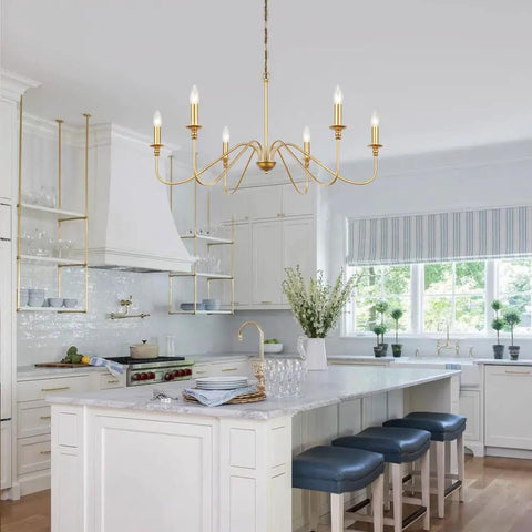 6 Light Gold Finish Chandelier, Vintage Candle Style Farmhouse Ceiling Light for Kitchen Island