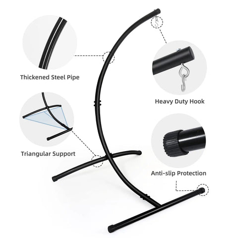 Diagram of Heavy Duty Hammock Chair Stand For Indoor Outdoor Use, Built Like A Tank 2 Inch Powder Coated Steel C Stand with components labeled