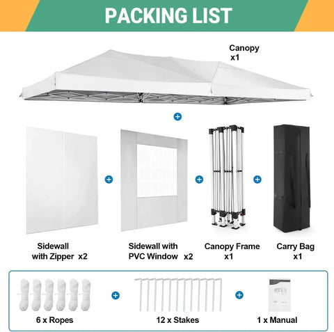 Packing list for 10x20 Foot Pop Up Canopy Tent Instant Shelter With 6 Sidewalls Durable Waterproof Portable Gazebo UPF 50 Plus