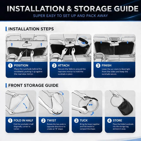 Installation guide for Extra Large Foldable Windshield Sunshade For Mercedes Benz Cla 2026 Eq Ev, showing steps to secure and store.