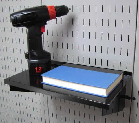9 Inch Deep Pegboard Shelf Assembly for Slotted Pegboard Tool Boards Black Heavy Duty Wall Storage Solution with drill and book