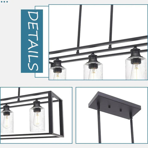 Details of Farmhouse Black Lantern Pendant Chandelier With Seeded Glass, 3 Light Modern Dining Room Kitchen Island Lighting, Adjustable Height