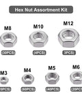 Heavy Duty 227 Piece Metric Hex Nuts Kit M3 M4 M5 M6 M8 M10 M12 With 304 Stainless Steel 18-8 Finish External Hex Nuts Set layout
