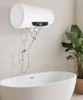Heavy Duty 50L Horizontal Electric Water Heater With Digital Temperature Control And 110V US Plug Stainless Steel Inner Tank mounted above a modern bathtub.