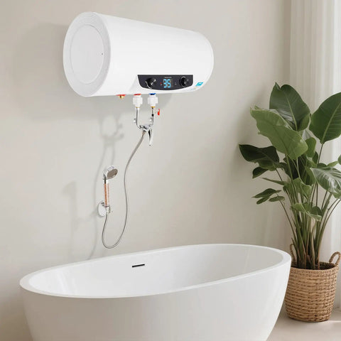Heavy Duty 50L Horizontal Electric Water Heater With Digital Temperature Control And 110V US Plug Stainless Steel Inner Tank mounted above a modern bathtub.
