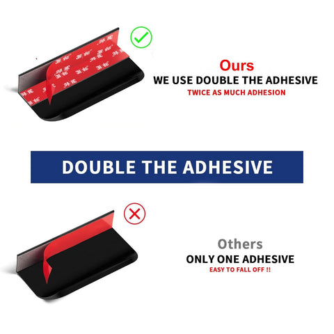 5 Pack Adhesive Edge Finger Pulls For Cabinets showing strong dual adhesives compared to single adhesive, black finish, no drilling required.