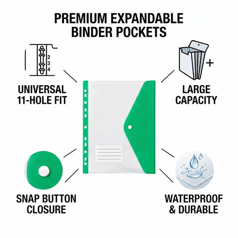 Expandable 11 Hole File Pockets For School And Office, 200 Sheet Capacity, showing binder pocket with snap button and label slot