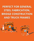 Compact Magnetic Base Drill With A Kickass 1100 Watt Motor For Heavy Duty Metal Work Runs Butter Smooth In Tight Spots Variable Speed 130 To 520 Rpm Locks Down Dead Nuts On Steel Includes Pro Grade Hss Cutter Set inside a kit with tools on an orange background.