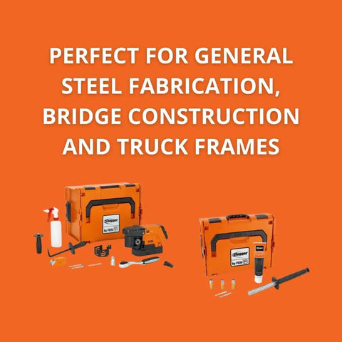 Compact Magnetic Base Drill With A Kickass 1100 Watt Motor For Heavy Duty Metal Work Runs Butter Smooth In Tight Spots Variable Speed 130 To 520 Rpm Locks Down Dead Nuts On Steel Includes Pro Grade Hss Cutter Set inside a kit with tools on an orange background.