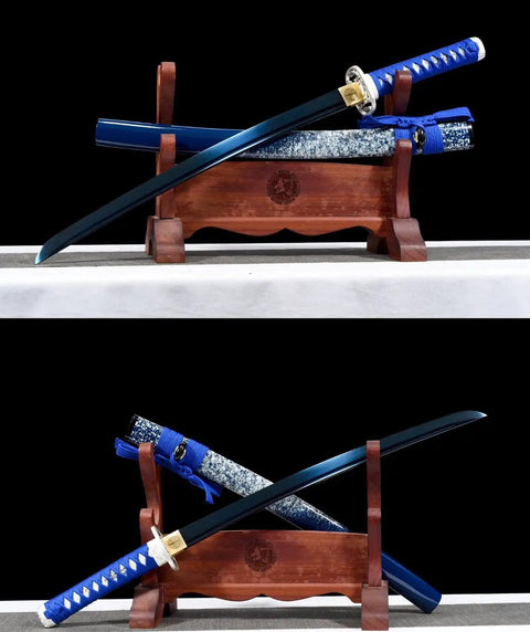 Blue Dragonfly Wakizashi Samurai Sword Combat Ready High Carbon Steel Hand Forged Full Tang Katana on wooden stand