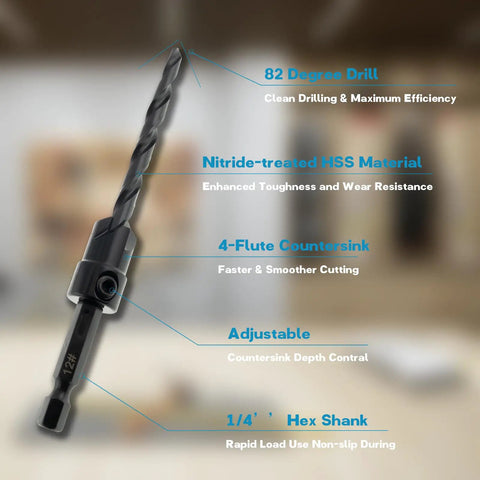 Badass 15 Piece Countersink Drill Bit Set For Woodworking DIY Crews Featuring Tapered Plug Cutters Depth Stop Rings And Screwdriver Bits To Ace Any Job With Zero Headaches And Sweet Results showing an 82-degree drill bit made of nitride-treated HSS material.