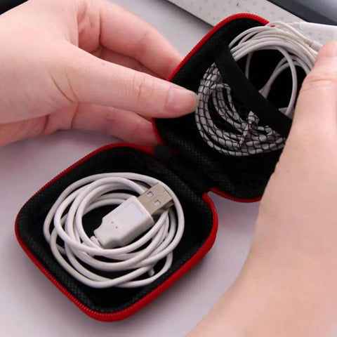 6 Pack Tough As Nails PU Hard Shell Earbud Cases Small Square Zipper Carry Pouches with cables inside for secure storage.