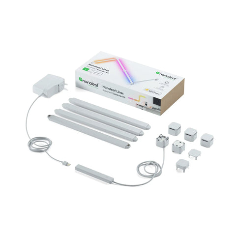 Packaging and components for Lines Smart LED Wall Light Bar Kit With Music Sync And Screen Sync 16M Colors WiFi Control.
