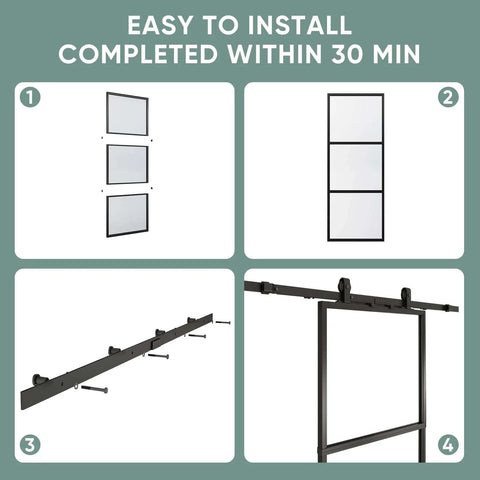 Installation steps for Clear Tempered Glass Barn Door 28 Inch By 84 Inch With Carbon Steel Frame Pre Drilled For Easy Assembly.