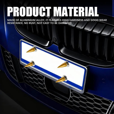 Badass Gold Spike License Plate Bolts And Screw Fastener Kit For Trucks And Cars Street Tough Anti Theft Vehicle Tag Frame Hardware All Season Aluminum Alloy close up on car front with four spikes