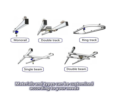 Various styles of Heavy Duty Freestanding Suspension Bridge Overhead Crane System For Garage 1 Ton 500Kg, including monorail and double track.