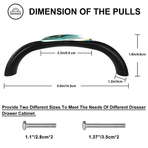 Four Pack Black Arch Cabinet Handles With Slick Marble Finish And Crystal Glass For Kitchen Drawers Bathroom Vanities And Furniture 5.6 Inch Pull dimensions with specified screw sizes.