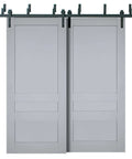 Solid Wood Interior Barn Bypass Sliding Doors Kit With Black Finish 64x96 No Glass, Classic Style, front view of installed doors with hardware.