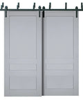 Solid Wood Interior Bypass Sliding Doors Set No Glass Black Finish 72x96 Inches Classic Barn Door Style With Heavy Duty Hardware And Floor Guides Included For Easy Install Complete Kit With Rails And Mounting Hardware.