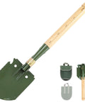 Folding Survival Shovel With Wooden Handle Heavy Duty Carbon Steel Entrenching Tool For Camping Off Road Beach And All Terrain Digging Classic Model With Pick Lightweight And Durable Yet Rugged Built To Last Tough As Nails shown with carrying case